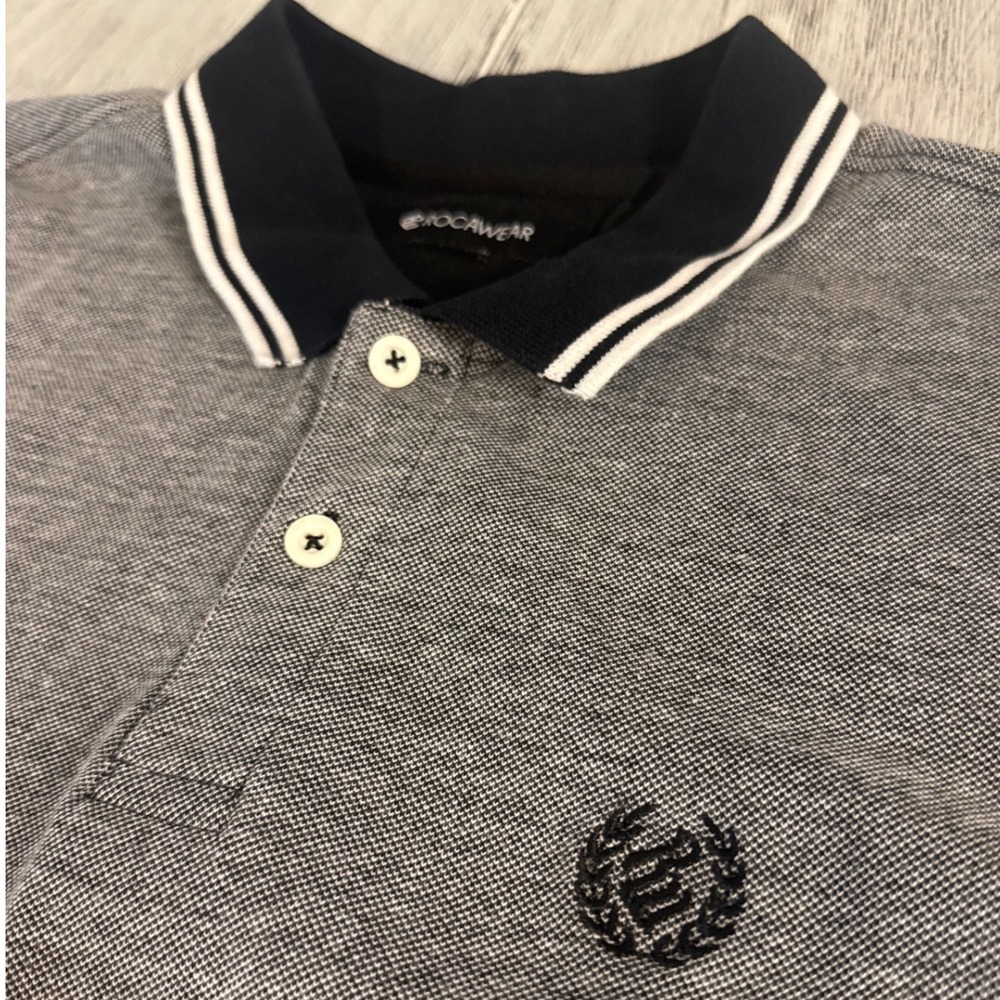 Rocawear Mens Gray Pique Polo Shirt black Tipped Collar Short Sleeve Logo Size L